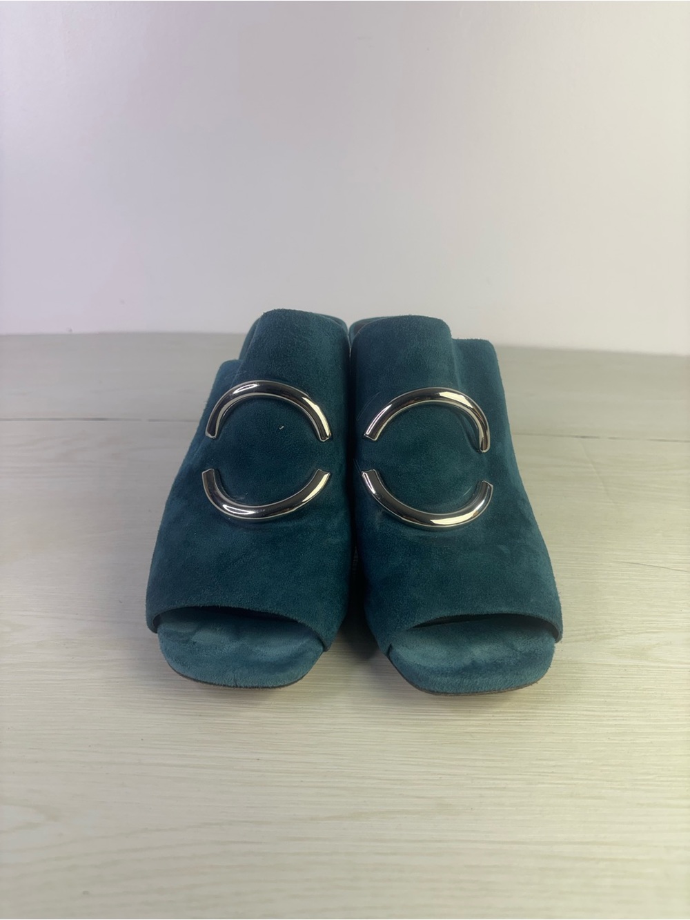 Via Spiga Blue Teal Suede Slide Mules with Silver Hardware size 10